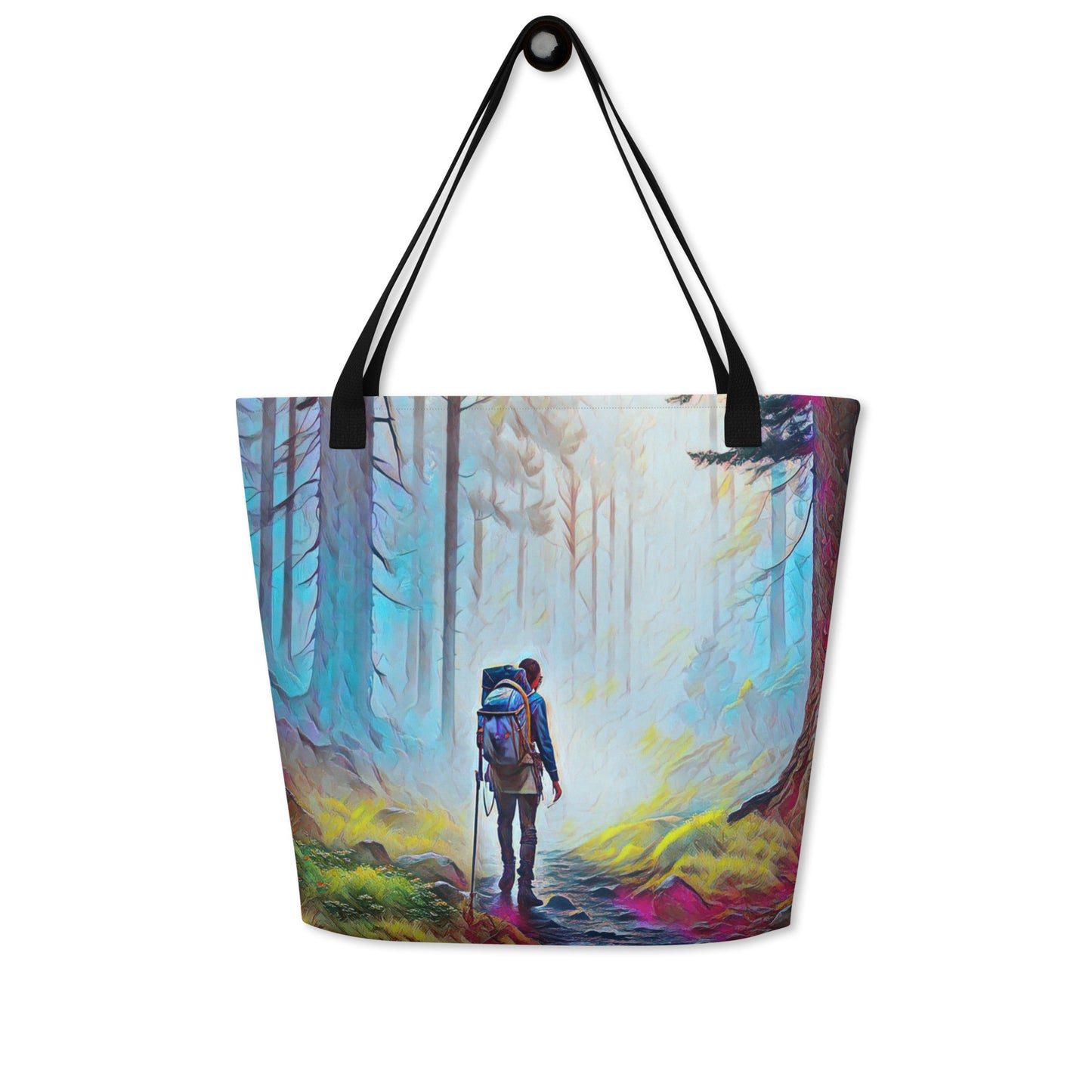 Hiking the Oregon Woods - Digital Art - Large 16x20 Tote Bag W/Pocket