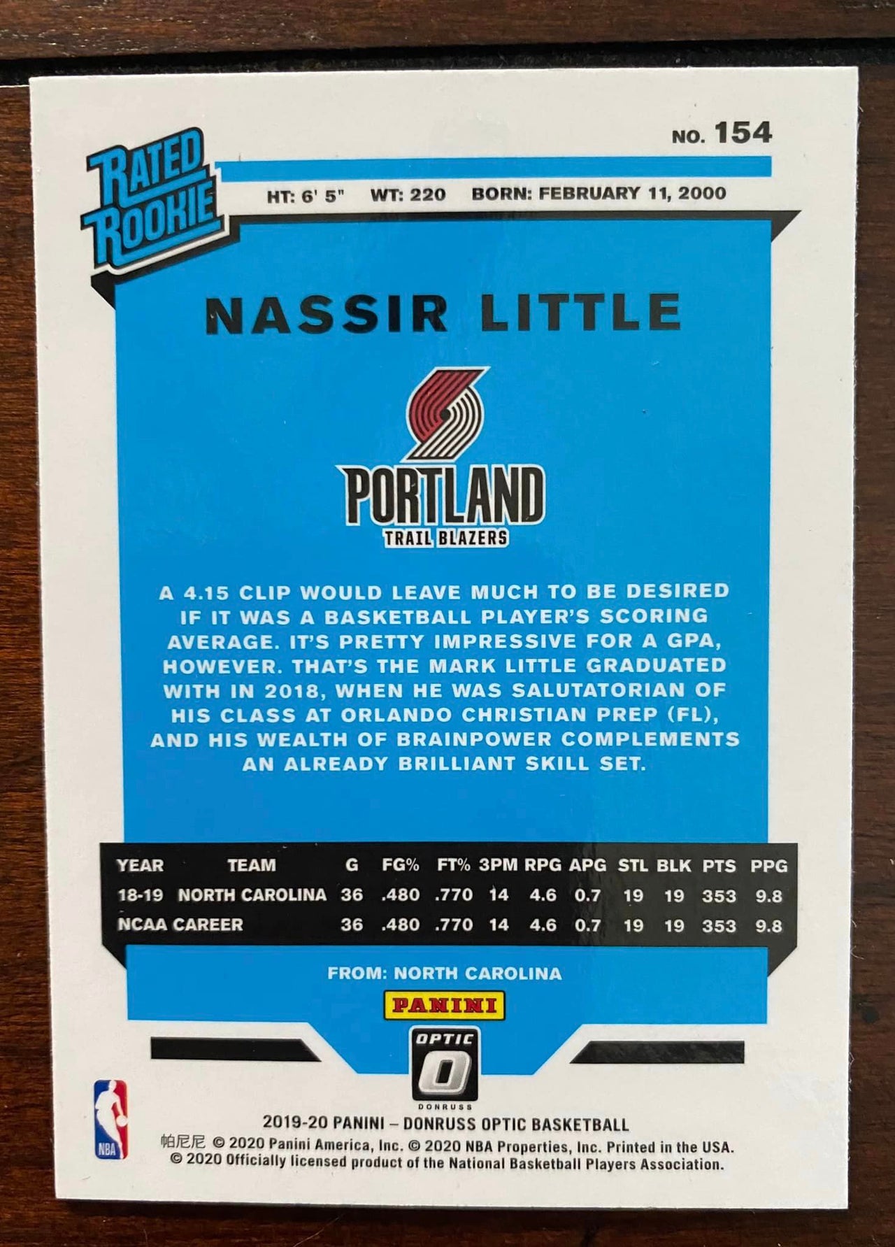 Nassir Little - 2019 - Donruss - Rated Rookie - No. 154