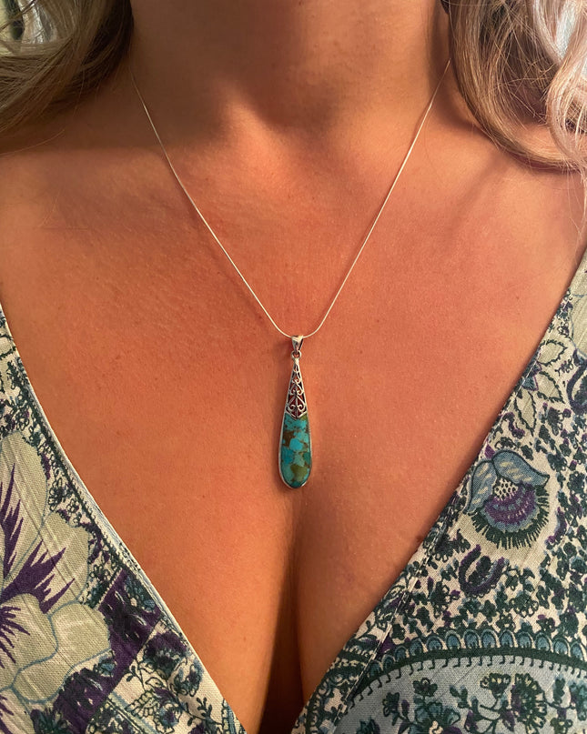 Sterling Silver Oxidized Genuine Turquoise Pendant-43.5mm - FREE SHIPPING