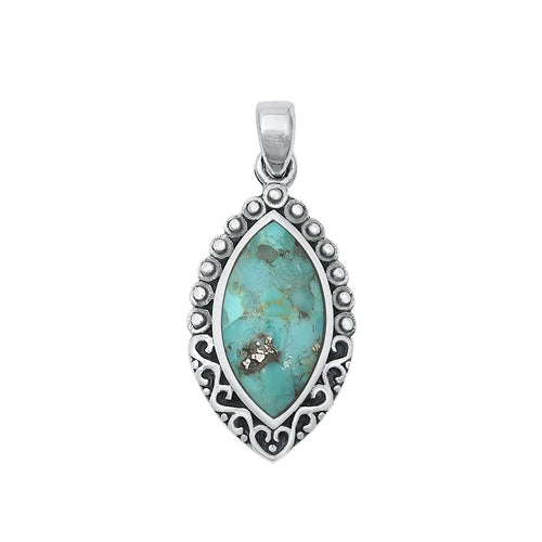 Sterling Silver Oxidized 25mm Genuine Turquoise Stone Pendant - FREE SHIPPING