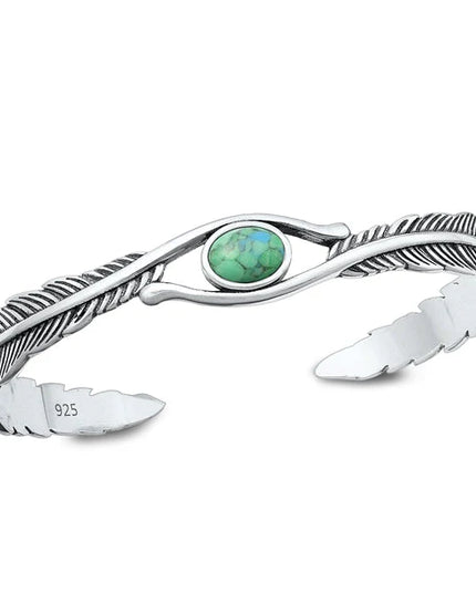 Sterling Silver Oxidized Feathers Genuine Turquoise Bangle Bracelet-9.4mm - FREE SHIPPING