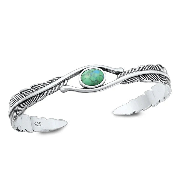 Sterling Silver Oxidized Feathers Genuine Turquoise Bangle Bracelet-9.4mm - FREE SHIPPING