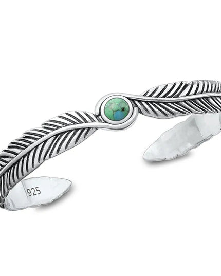 Sterling Silver Oxidized Feathers Genuine Turquoise Bangle Bracelet - FREE SHIPPING