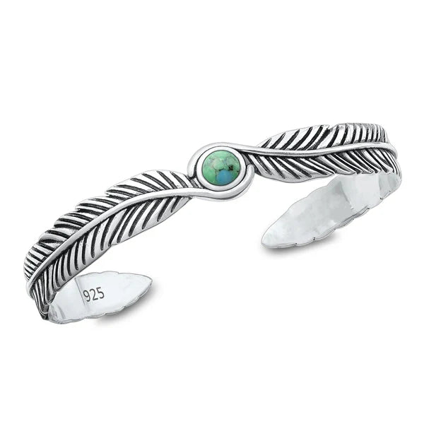 Sterling Silver Oxidized Feathers Genuine Turquoise Bangle Bracelet - FREE SHIPPING