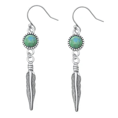 Sterling Silver Oxidized Genuine Turquoise Feather Earring-36mm - FREE SHIPPING