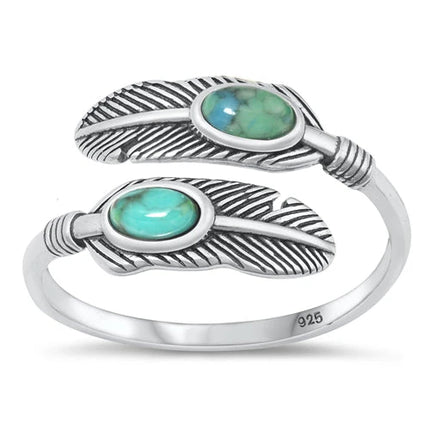 Sterling Silver Oxidized Genuine Turquoise Feather Ring - FREE SHIPPING