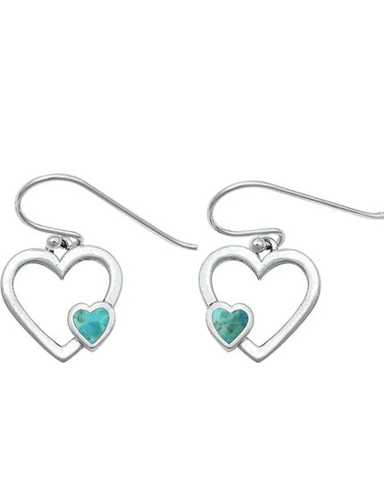 Sterling Silver Oxidized Heart Genuine Turquoise Stone Earrings - FREE SHIPPING