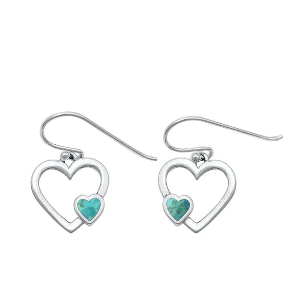 Sterling Silver Oxidized Heart Genuine Turquoise Stone Earrings - FREE SHIPPING