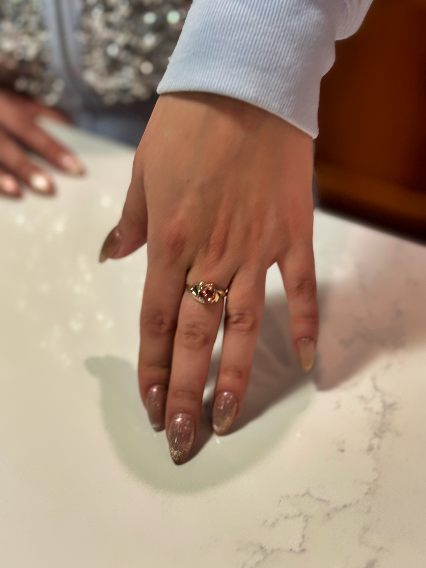 OREGON SUNSTONE RING 1.35 carat 7mm Round - Champagne, Schiller