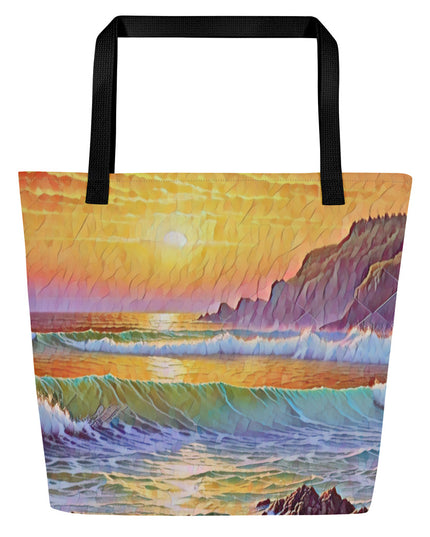 Oregon Coast Sunset - Digital Art - Large 16x20 Tote Bag W/Pocket