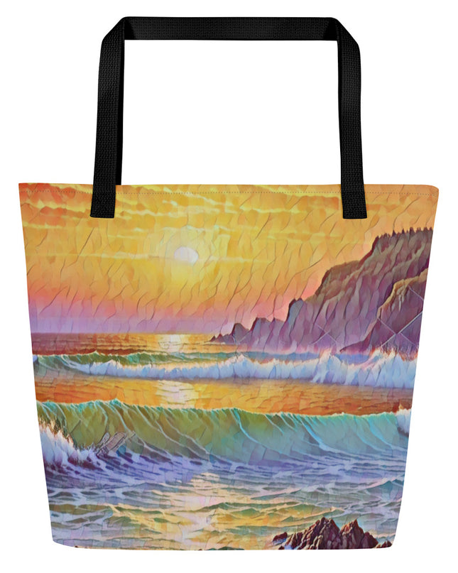 Oregon Coast Sunset - Digital Art - Large 16x20 Tote Bag W/Pocket