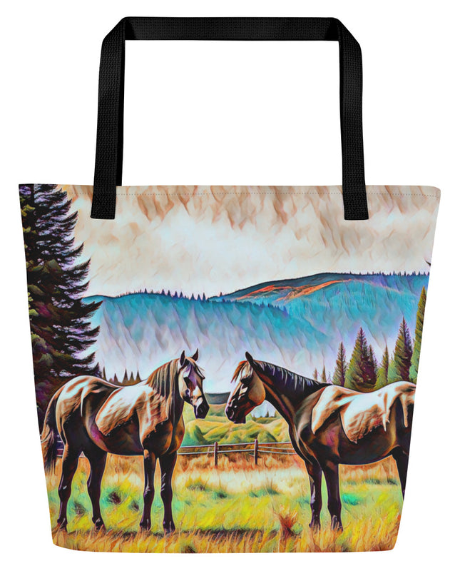 Central Oregon Horses - Digital Art - Large 16x20 Tote Bag W/Pocket