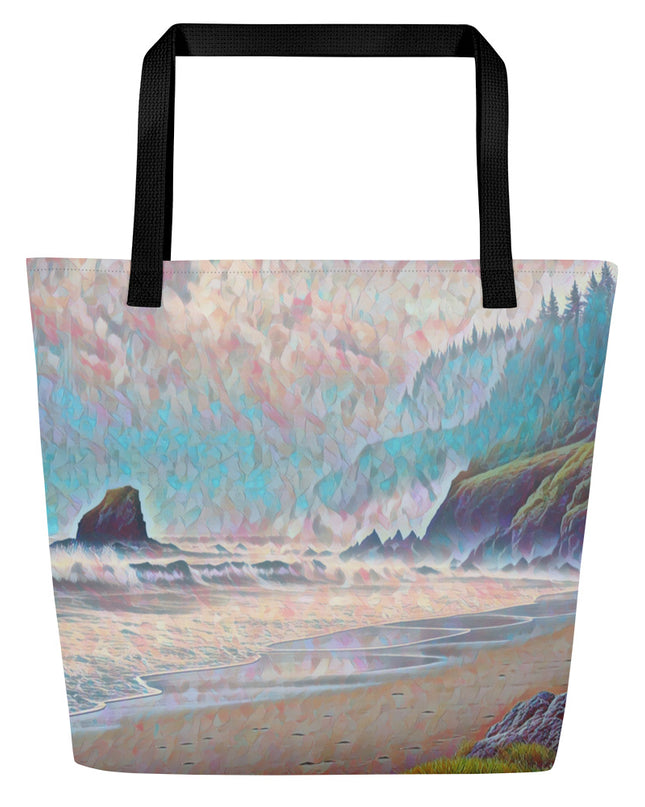 Oregon Ocean Beach - Digital Art - Large 16x20 Tote Bag W/Pocket