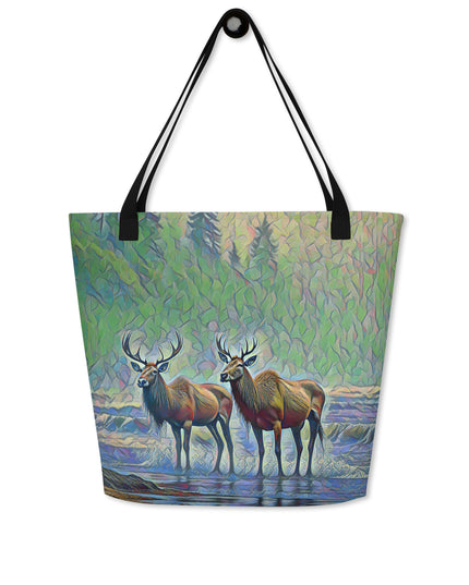 Two Elk on the Beach - Oregon - Digital Art - Large 16x20 Tote Bag W/Pocket