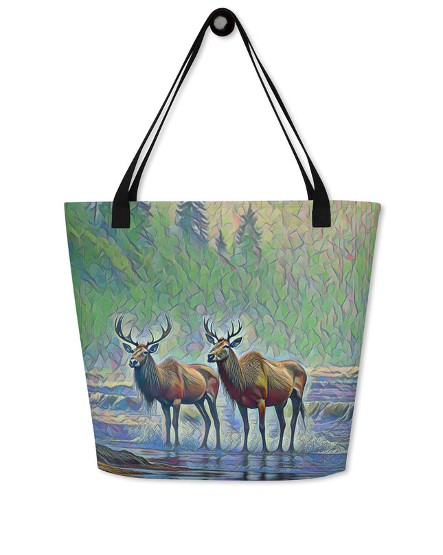 Two Elk on the Beach - Oregon - Digital Art - Large 16x20 Tote Bag W/Pocket