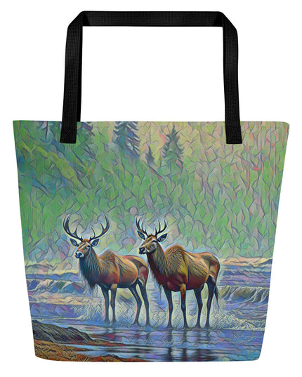 Two Elk on the Beach - Oregon - Digital Art - Large 16x20 Tote Bag W/Pocket