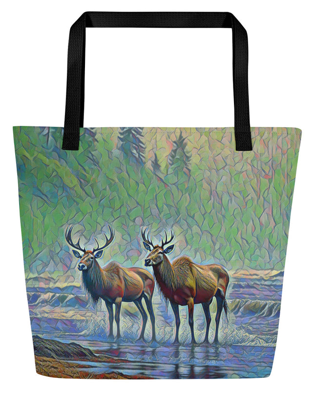 Two Elk on the Beach - Oregon - Digital Art - Large 16x20 Tote Bag W/Pocket