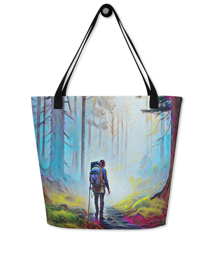 Hiking the Oregon Woods - Digital Art - Large 16x20 Tote Bag W/Pocket