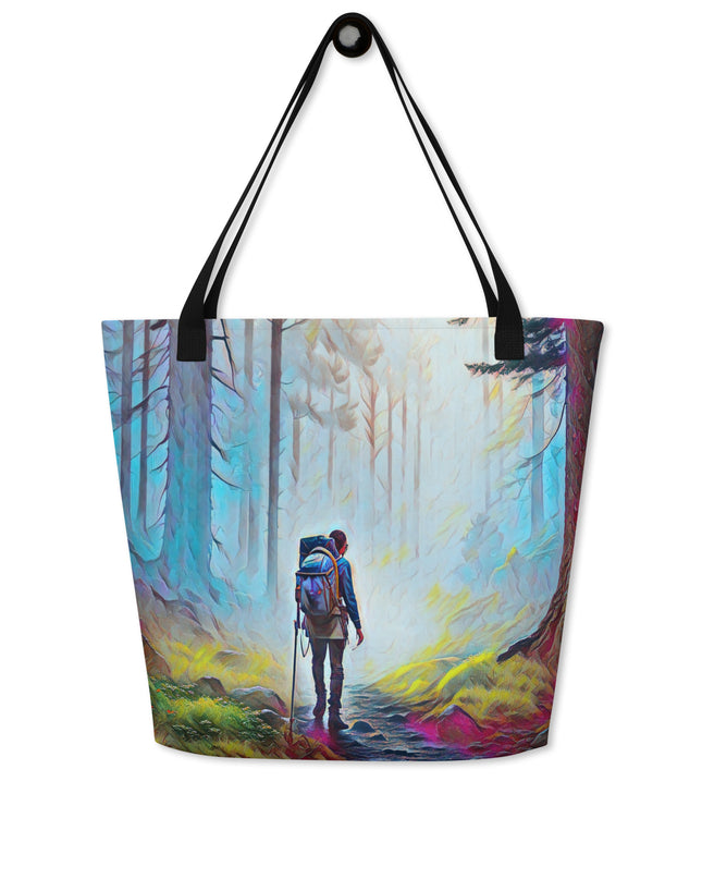 Hiking the Oregon Woods - Digital Art - Large 16x20 Tote Bag W/Pocket