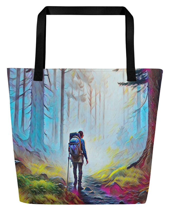 Hiking the Oregon Woods - Digital Art - Large 16x20 Tote Bag W/Pocket