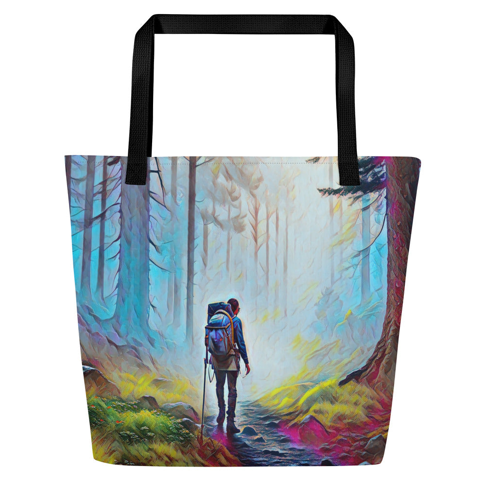 Hiking the Oregon Woods - Digital Art - Large 16x20 Tote Bag W/Pocket