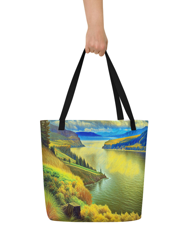 Columbia River Gorge - Digital Art - Large 16x20 Tote Bag W/Pocket