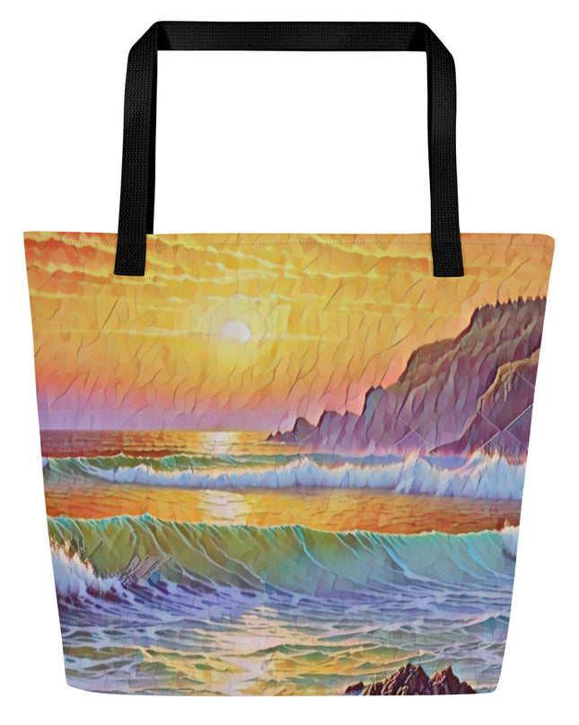 Oregon Coast Sunset - Digital Art - Large 16x20 Tote Bag W/Pocket