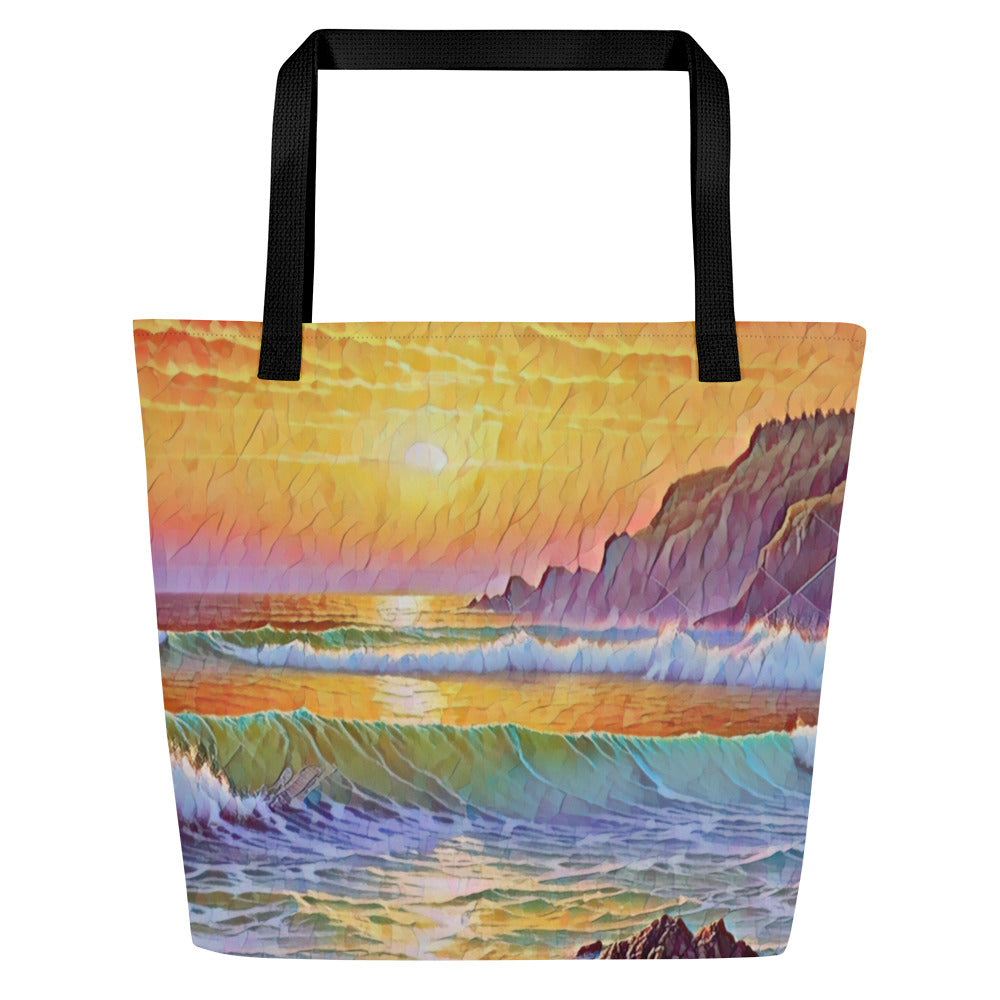 Oregon Coast Sunset - Digital Art - Large 16x20 Tote Bag W/Pocket