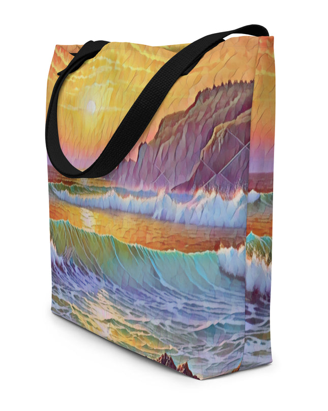 Oregon Coast Sunset - Digital Art - Large 16x20 Tote Bag W/Pocket