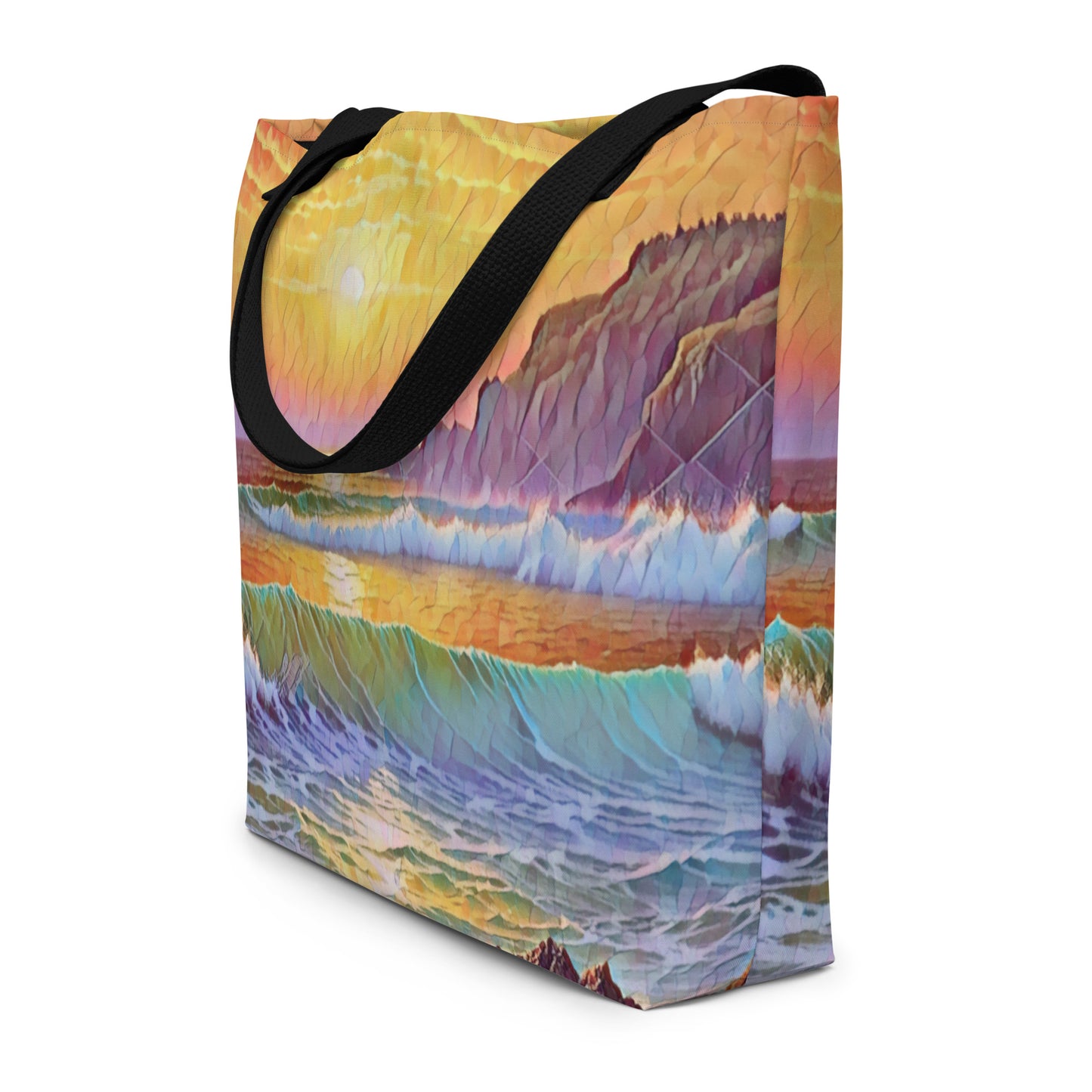 Oregon Coast Sunset - Digital Art - Large 16x20 Tote Bag W/Pocket