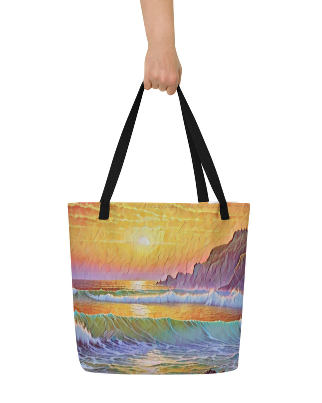 Oregon Coast Sunset - Digital Art - Large 16x20 Tote Bag W/Pocket