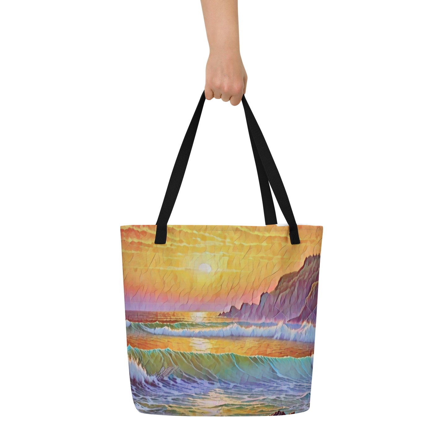 Oregon Coast Sunset - Digital Art - Large 16x20 Tote Bag W/Pocket