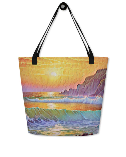 Oregon Coast Sunset - Digital Art - Large 16x20 Tote Bag W/Pocket