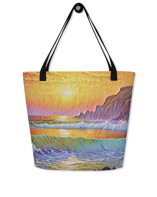 Oregon Coast Sunset - Digital Art - Large 16x20 Tote Bag W/Pocket