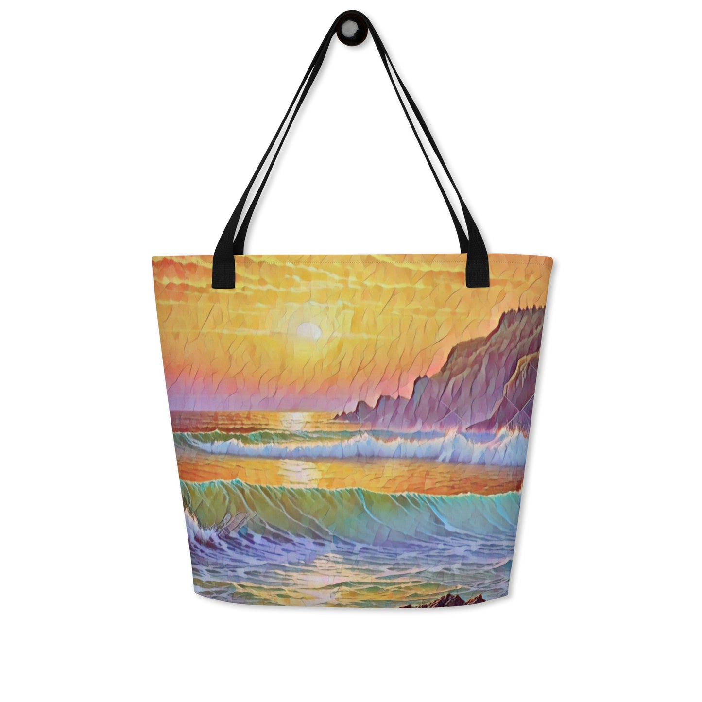 Oregon Coast Sunset - Digital Art - Large 16x20 Tote Bag W/Pocket