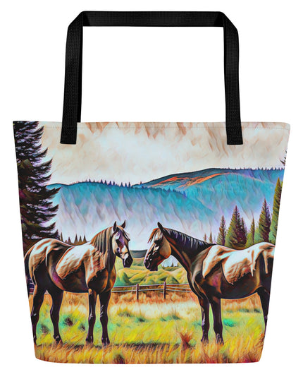 Central Oregon Horses - Digital Art - Large 16x20 Tote Bag W/Pocket