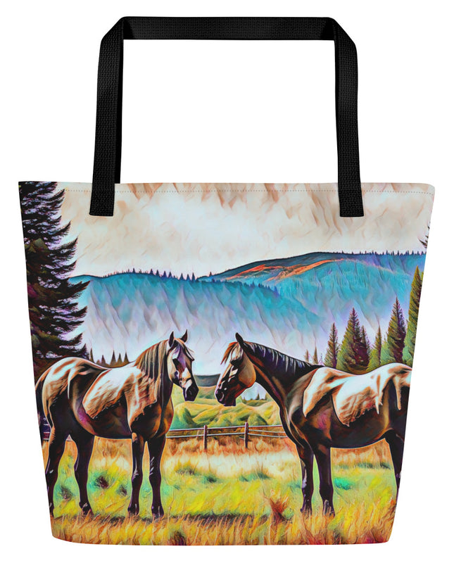 Central Oregon Horses - Digital Art - Large 16x20 Tote Bag W/Pocket
