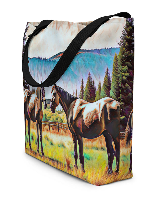 Central Oregon Horses - Digital Art - Large 16x20 Tote Bag W/Pocket