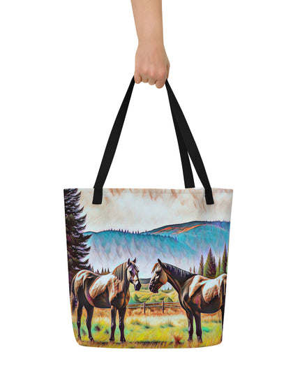 Central Oregon Horses - Digital Art - Large 16x20 Tote Bag W/Pocket