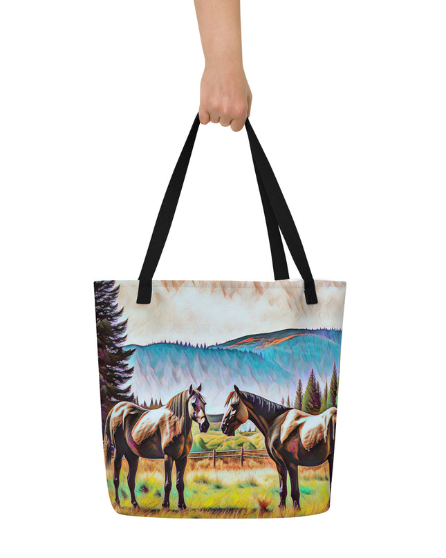 Central Oregon Horses - Digital Art - Large 16x20 Tote Bag W/Pocket