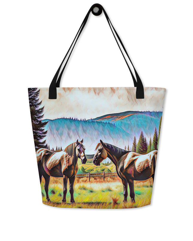 Central Oregon Horses - Digital Art - Large 16x20 Tote Bag W/Pocket