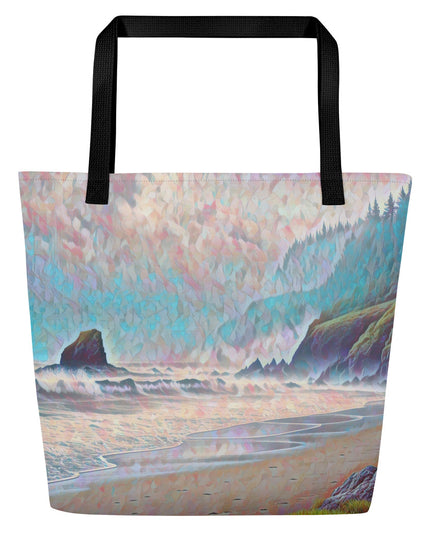 Oregon Ocean Beach - Digital Art - Large 16x20 Tote Bag W/Pocket