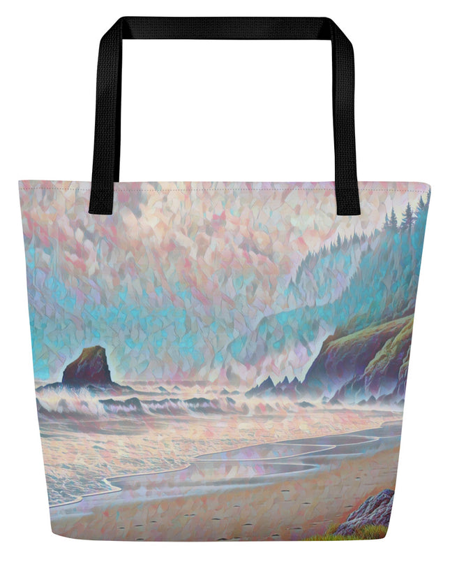 Oregon Ocean Beach - Digital Art - Large 16x20 Tote Bag W/Pocket
