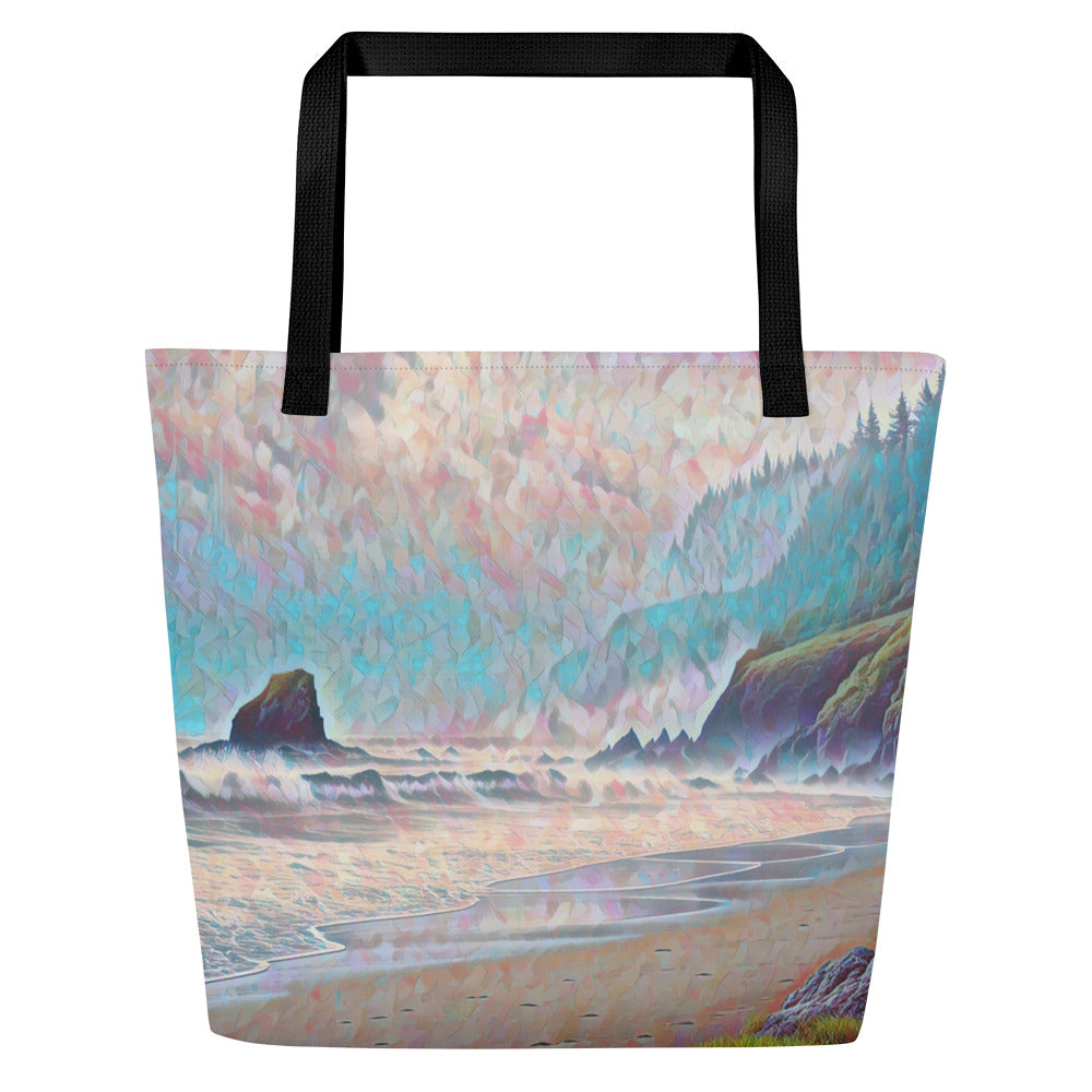 Oregon Ocean Beach - Digital Art - Large 16x20 Tote Bag W/Pocket