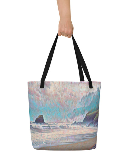Oregon Ocean Beach - Digital Art - Large 16x20 Tote Bag W/Pocket