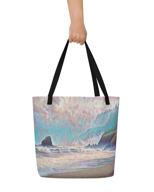 Oregon Ocean Beach - Digital Art - Large 16x20 Tote Bag W/Pocket