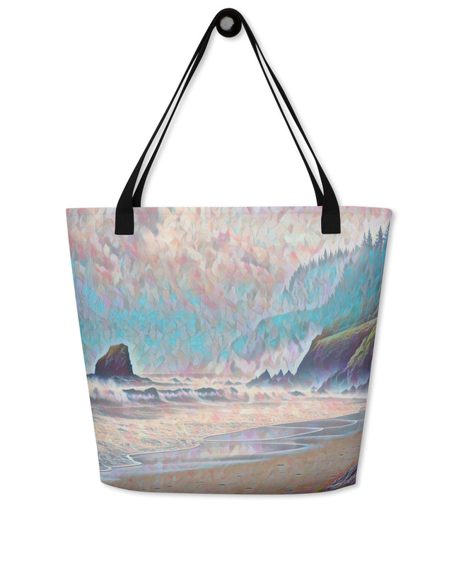 Oregon Ocean Beach - Digital Art - Large 16x20 Tote Bag W/Pocket