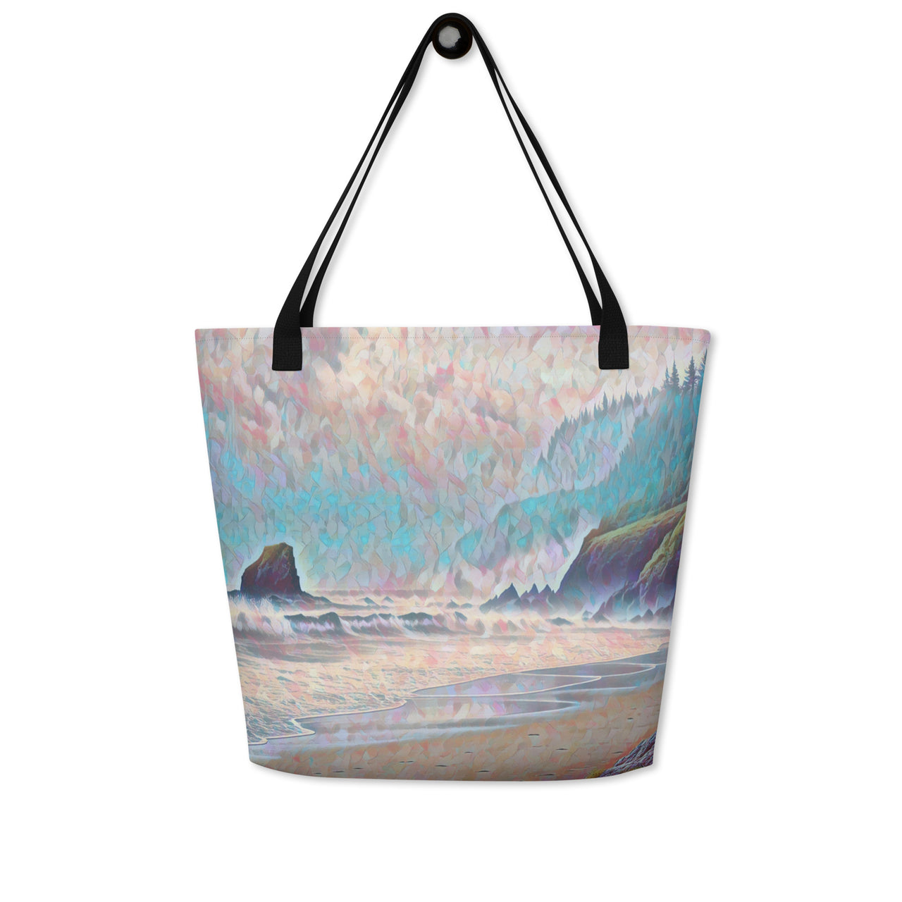 Oregon Ocean Beach - Digital Art - Large 16x20 Tote Bag W/Pocket