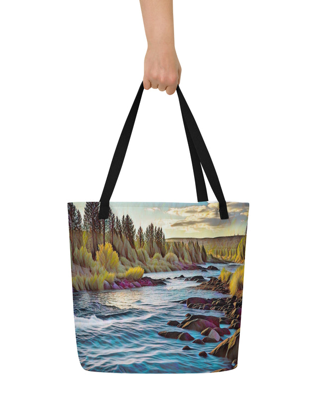 Oregon River - Digital Art - Large 16x20 Tote Bag W/Pocket