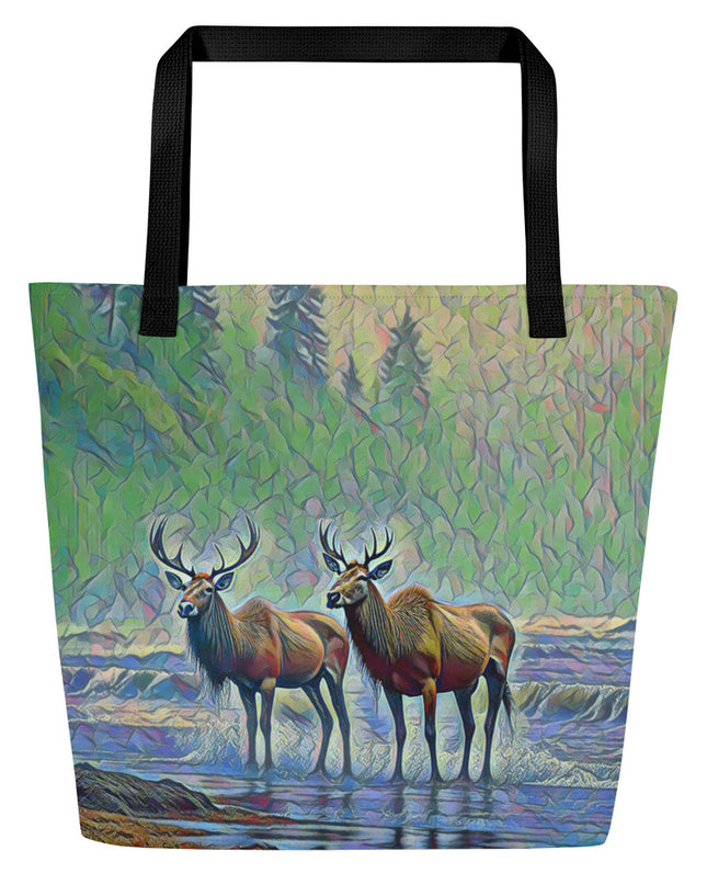 Two Elk on the Beach - Oregon - Digital Art - Large 16x20 Tote Bag W/Pocket